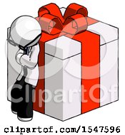 White Doctor Scientist Man Leaning On Gift With Red Bow Angle View