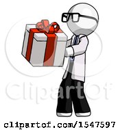 White Doctor Scientist Man Presenting A Present With Large Red Bow On It