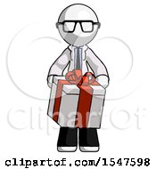 White Doctor Scientist Man Gifting Present With Large Bow Front View
