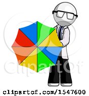 White Doctor Scientist Man Holding Rainbow Umbrella Out To Viewer