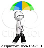 White Doctor Scientist Man Walking With Colored Umbrella