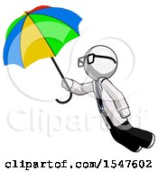 White Doctor Scientist Man Flying With Rainbow Colored Umbrella