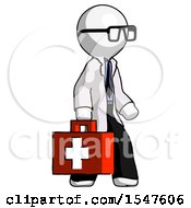 White Doctor Scientist Man Walking With Medical Aid Briefcase To Right