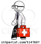 White Doctor Scientist Man Walking With Medical Aid Briefcase To Left