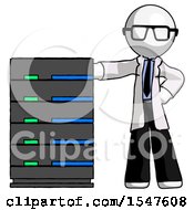 Poster, Art Print Of White Doctor Scientist Man With Server Rack Leaning Confidently Against It