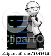 Poster, Art Print Of White Doctor Scientist Man Resting Against Server Rack Viewed At Angle