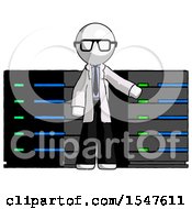 Poster, Art Print Of White Doctor Scientist Man With Server Racks In Front Of Two Networked Systems