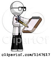 White Doctor Scientist Man Using Clipboard And Pencil