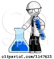 White Doctor Scientist Man Holding Test Tube Beside Beaker Or Flask