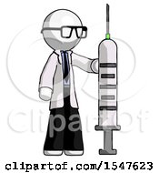 White Doctor Scientist Man Holding Large Syringe