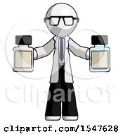 White Doctor Scientist Man Holding Two Medicine Bottles
