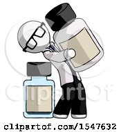 White Doctor Scientist Man Holding Large White Medicine Bottle With Bottle In Background