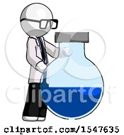 White Doctor Scientist Man Standing Beside Large Round Flask Or Beaker