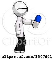 White Doctor Scientist Man Holding Blue Pill Walking To Right
