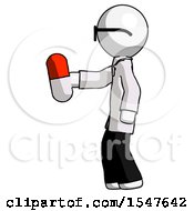 White Doctor Scientist Man Holding Red Pill Walking To Left