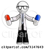 White Doctor Scientist Man Holding A Red Pill And Blue Pill