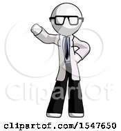 White Doctor Scientist Man Waving Right Arm With Hand On Hip