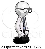 White Doctor Scientist Man Kneeling Angle View Right