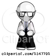 White Doctor Scientist Man Squatting Facing Front