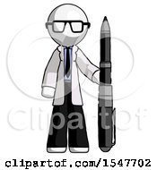 White Doctor Scientist Man Holding Large Pen