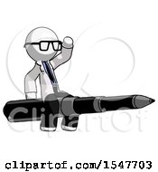 White Doctor Scientist Man Riding A Pen Like A Giant Rocket