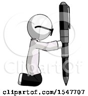 White Doctor Scientist Man Posing With Giant Pen In Powerful Yet Awkward Manner