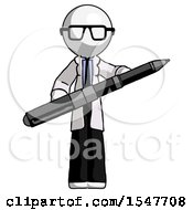 White Doctor Scientist Man Posing Confidently With Giant Pen