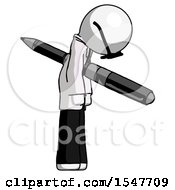 White Doctor Scientist Man Impaled Through Chest With Giant Pen