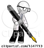 White Doctor Scientist Man Drawing Or Writing With Large Calligraphy Pen