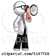 Poster, Art Print Of White Doctor Scientist Man Shouting Into Megaphone Bullhorn Facing Right