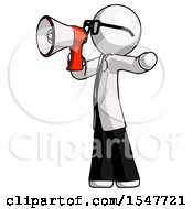 Poster, Art Print Of White Doctor Scientist Man Shouting Into Megaphone Bullhorn Facing Left