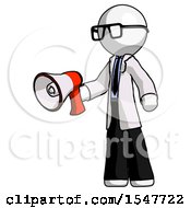 Poster, Art Print Of White Doctor Scientist Man Holding Megaphone Bullhorn Facing Right