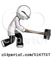 Poster, Art Print Of White Doctor Scientist Man Hitting With Sledgehammer Or Smashing Something