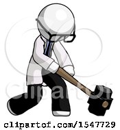 White Doctor Scientist Man Hitting With Sledgehammer Or Smashing Something At Angle
