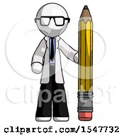 Poster, Art Print Of White Doctor Scientist Man With Large Pencil Standing Ready To Write