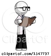 White Doctor Scientist Man Reading Book While Standing Up Facing Away