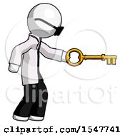 White Doctor Scientist Man With Big Key Of Gold Opening Something