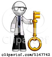 White Doctor Scientist Man Holding Key Made Of Gold