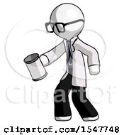 White Doctor Scientist Man Begger Holding Can Begging Or Asking For Charity Facing Left
