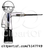 White Doctor Scientist Man Standing With Ninja Sword Katana Pointing Right