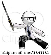 White Doctor Scientist Man With Ninja Sword Katana In Defense Pose