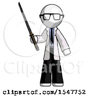 White Doctor Scientist Man Standing Up With Ninja Sword Katana