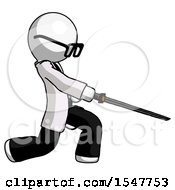 White Doctor Scientist Man With Ninja Sword Katana Slicing Or Striking Something