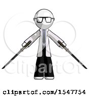 White Doctor Scientist Man Posing With Two Ninja Sword Katanas