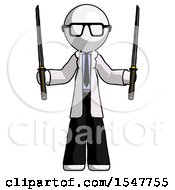 White Doctor Scientist Man Posing With Two Ninja Sword Katanas Up