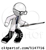 White Doctor Scientist Man Stabbing With Ninja Sword Katana