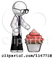 White Doctor Scientist Man With Giant Cupcake Dessert