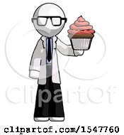 White Doctor Scientist Man Presenting Pink Cupcake To Viewer
