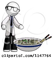 White Doctor Scientist Man And Noodle Bowl Giant Soup Restaraunt Concept