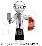 Poster, Art Print Of White Doctor Scientist Man Holding Large Steak With Butcher Knife